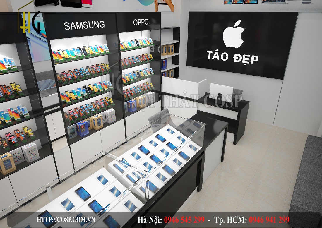 Hệ thống tủ trưng bày sản phẩm của shop điện thoại Táo Đẹp